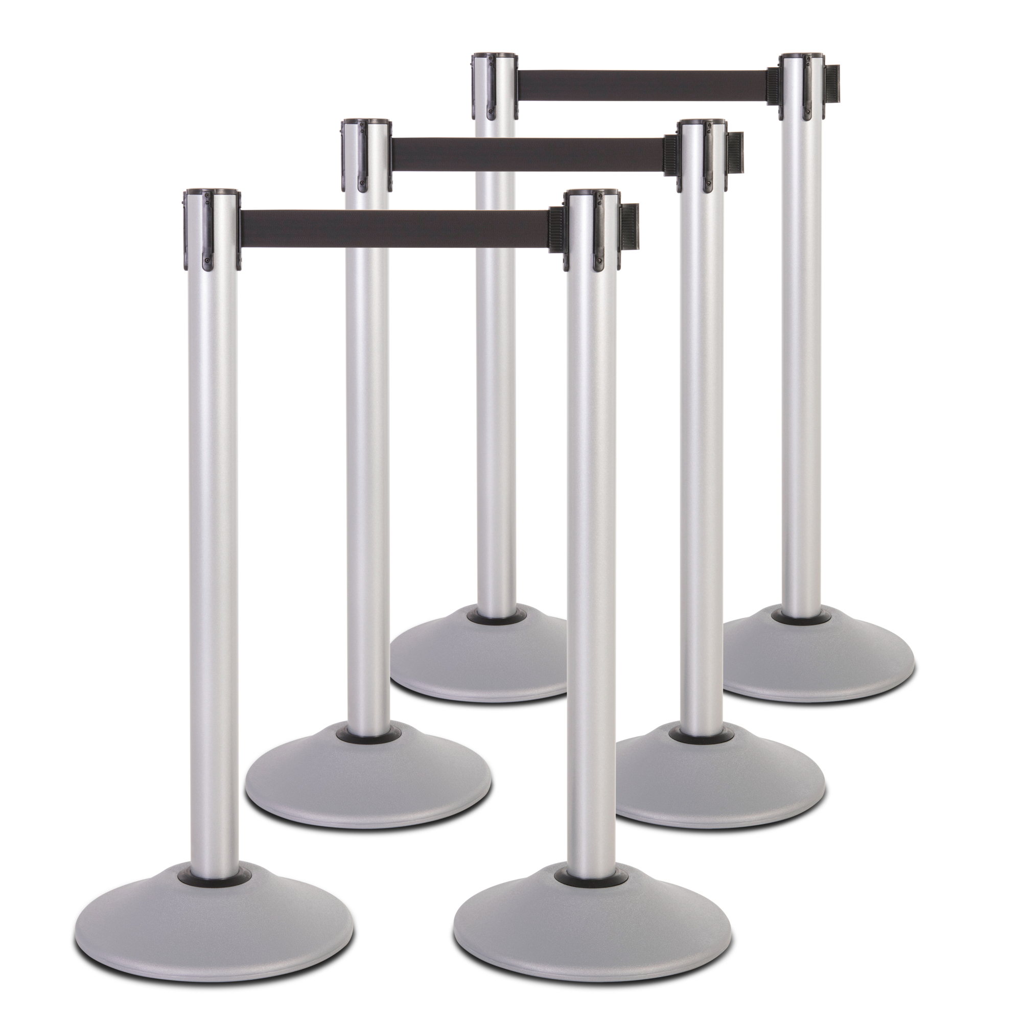 US Weight Heavy-Duty Premium Steel Stanchion — 7.5ft. Black Retractable Belt, Scratch-Resistant Base, 6-Pack, Model# U2103PK6